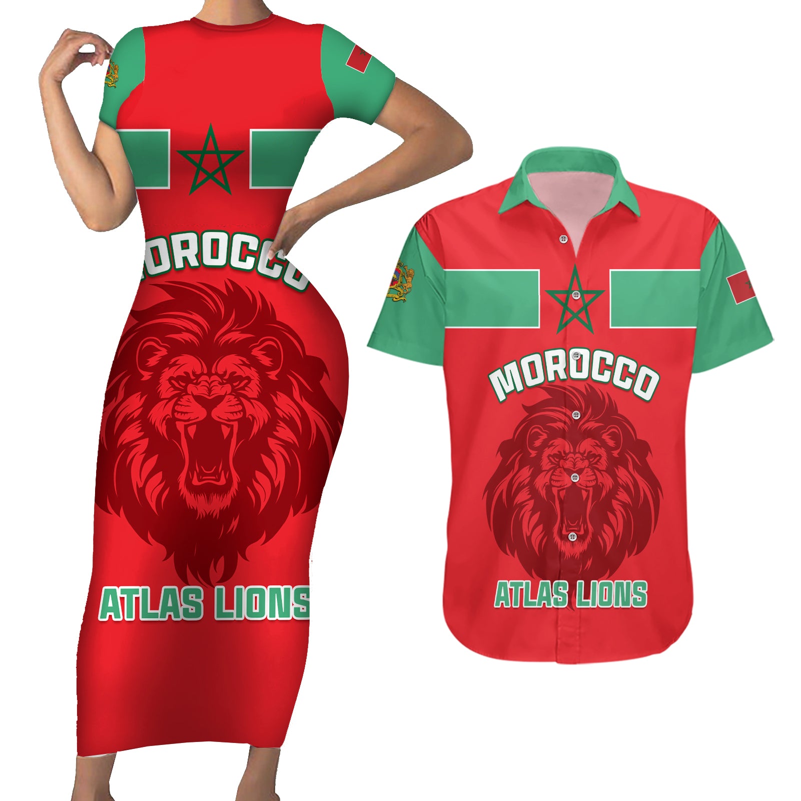 Morocco Football Couples Matching Short Sleeve Bodycon Dress and Hawaiian Shirt Go The Atlas Lions