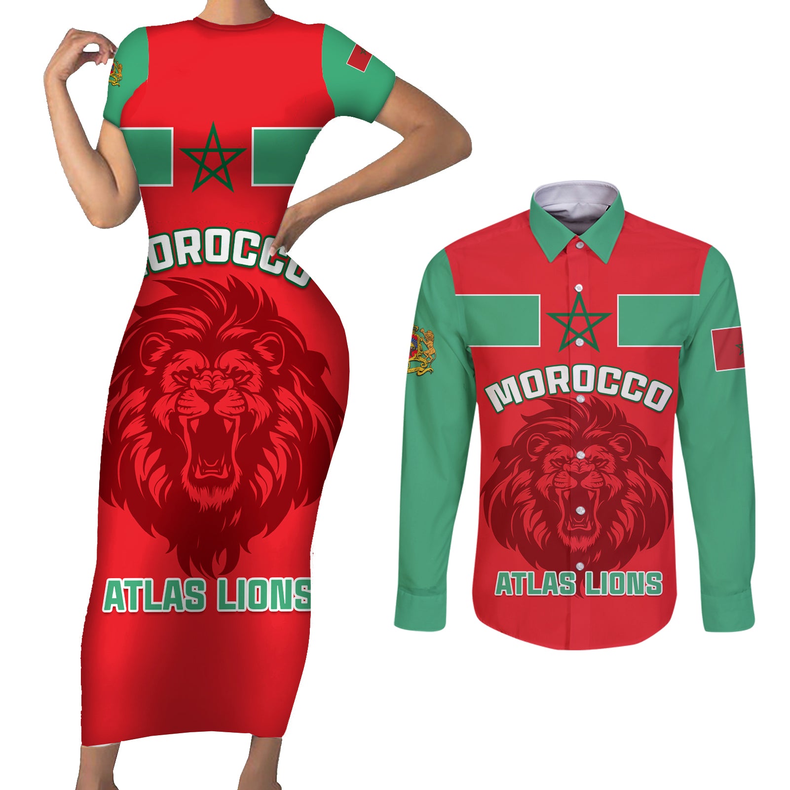 Morocco Football Couples Matching Short Sleeve Bodycon Dress and Long Sleeve Button Shirt Go The Atlas Lions