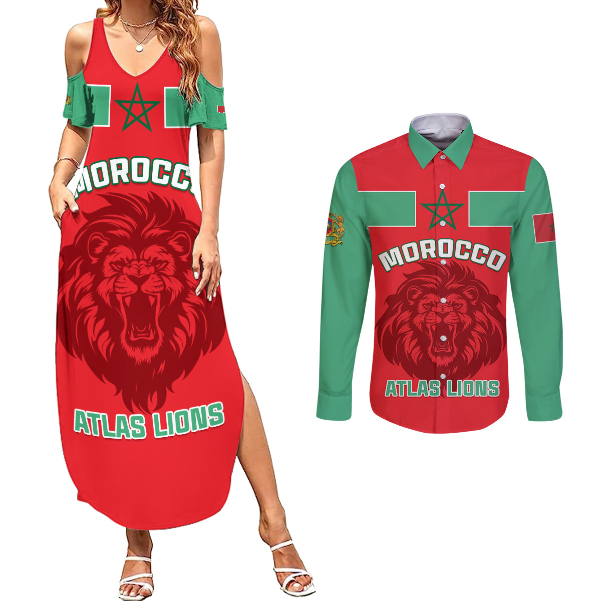 Morocco Football Couples Matching Summer Maxi Dress and Long Sleeve Button Shirt Go The Atlas Lions