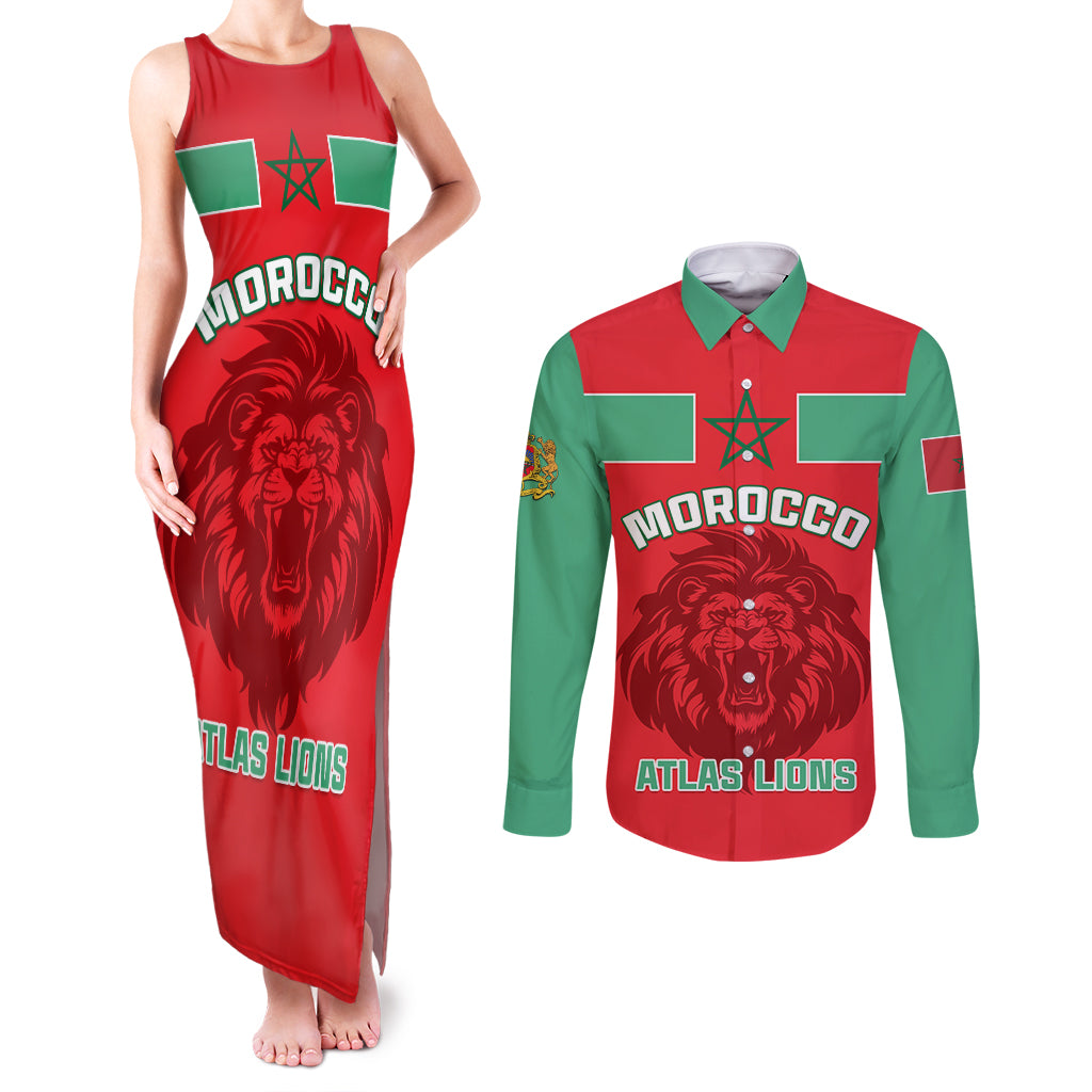 Morocco Football Couples Matching Tank Maxi Dress and Long Sleeve Button Shirt Go The Atlas Lions