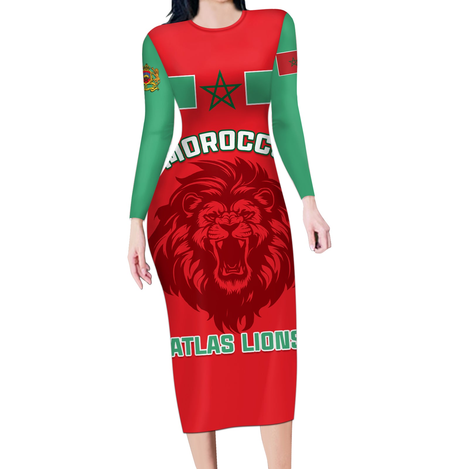 Morocco Football Long Sleeve Bodycon Dress Go The Atlas Lions