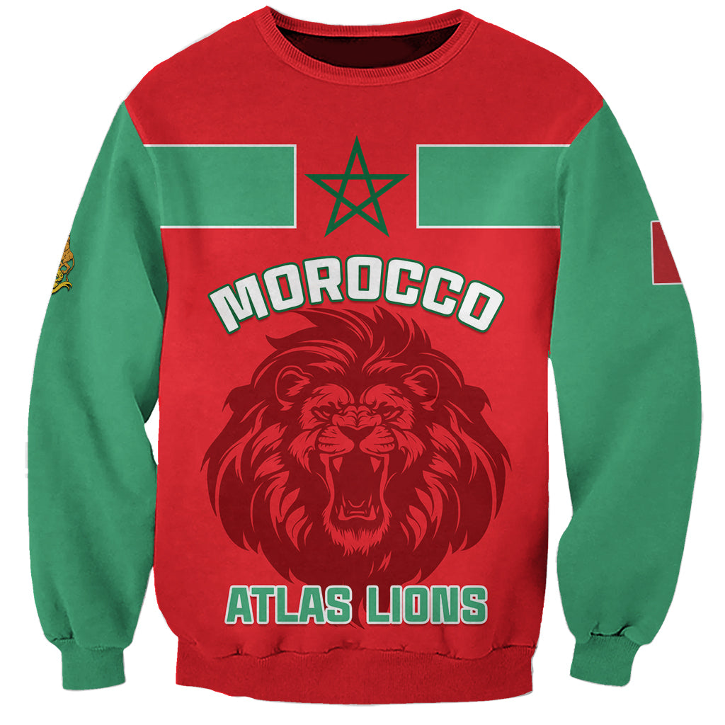 Red green football sweatshirt with Morocco flag lion graphic, MOROCCO and ATLAS LIONS