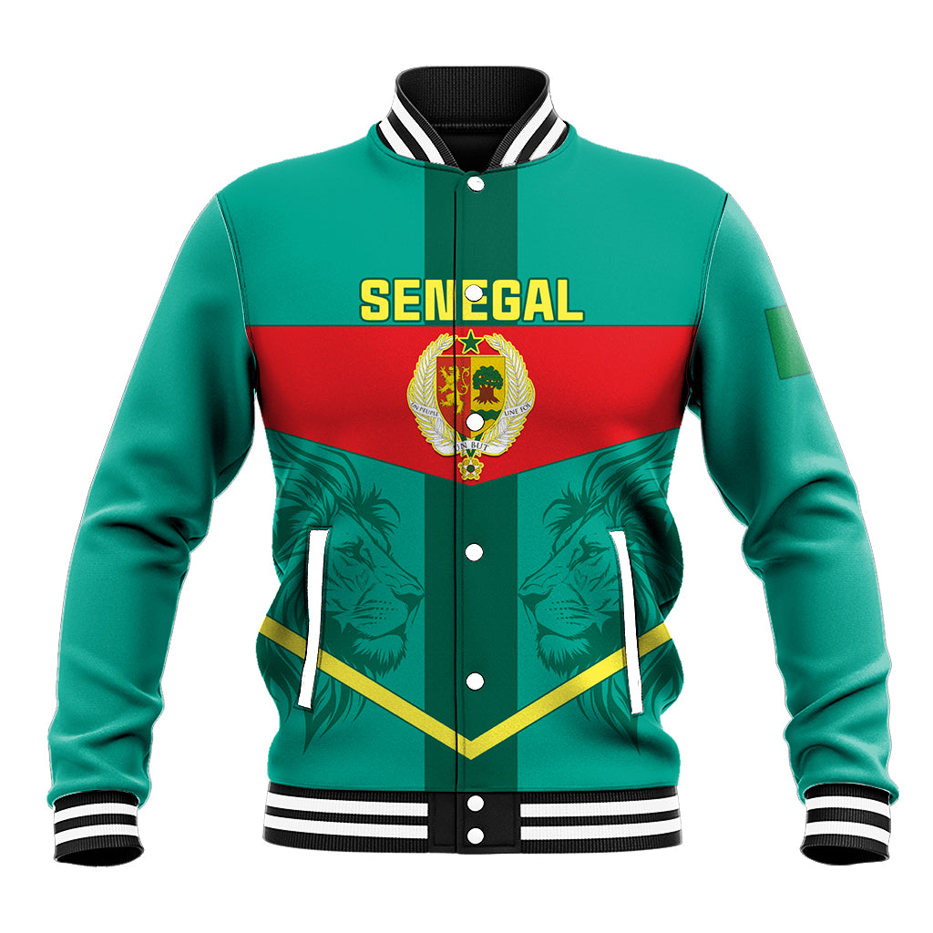Unisex green baseball jacket with ribbed collar, button front, Senegal flag crest graphic