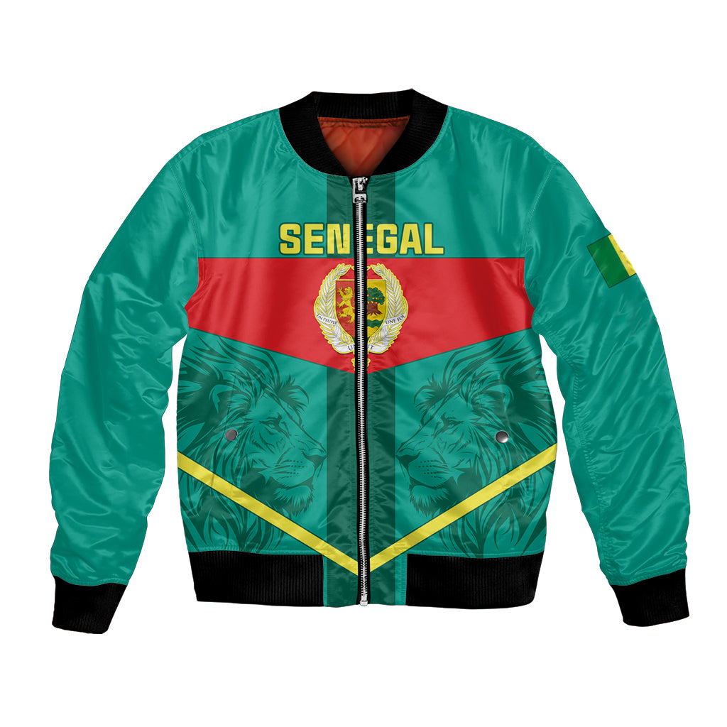 Green bomber jacket with front zipper, Senegal crest and flag graphic; black ribbed trim