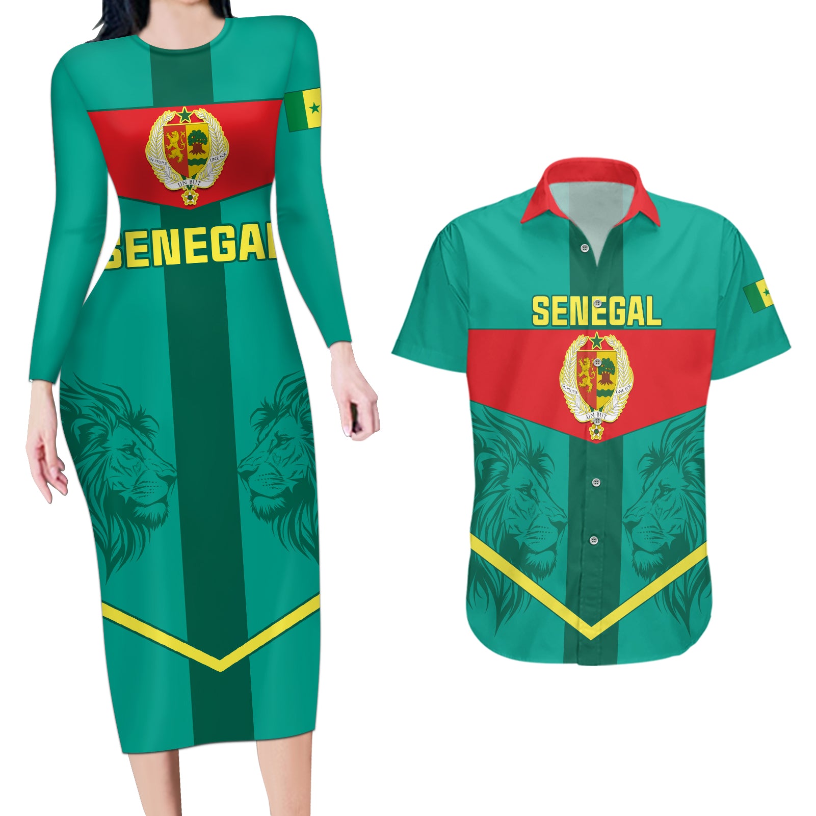 Senegal Football Couples Matching Long Sleeve Bodycon Dress and Hawaiian Shirt Go Lions of Teranga - Wonder Print Shop