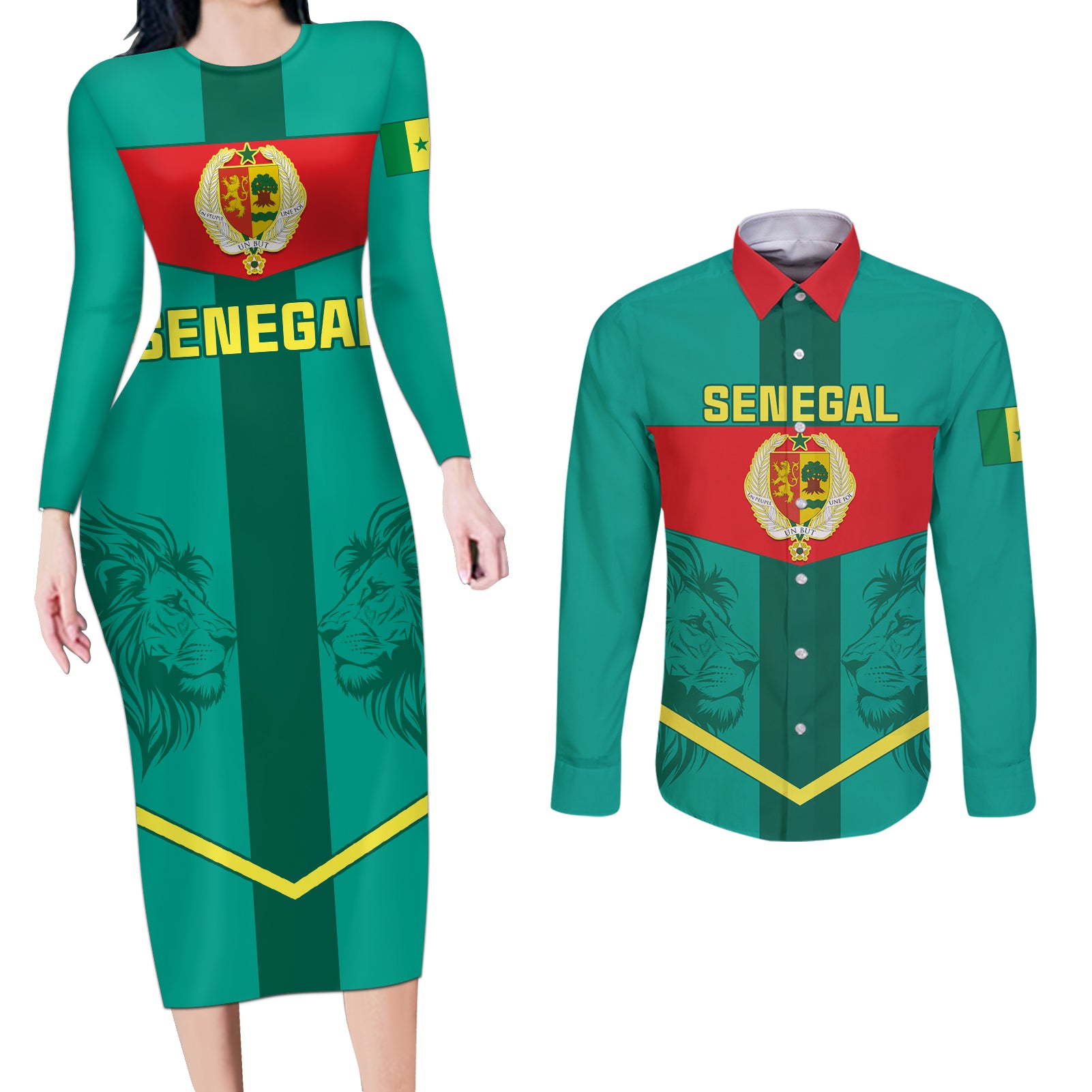 Senegal Football Couples Matching Long Sleeve Bodycon Dress and Long Sleeve Button Shirt Go Lions of Teranga - Wonder Print Shop