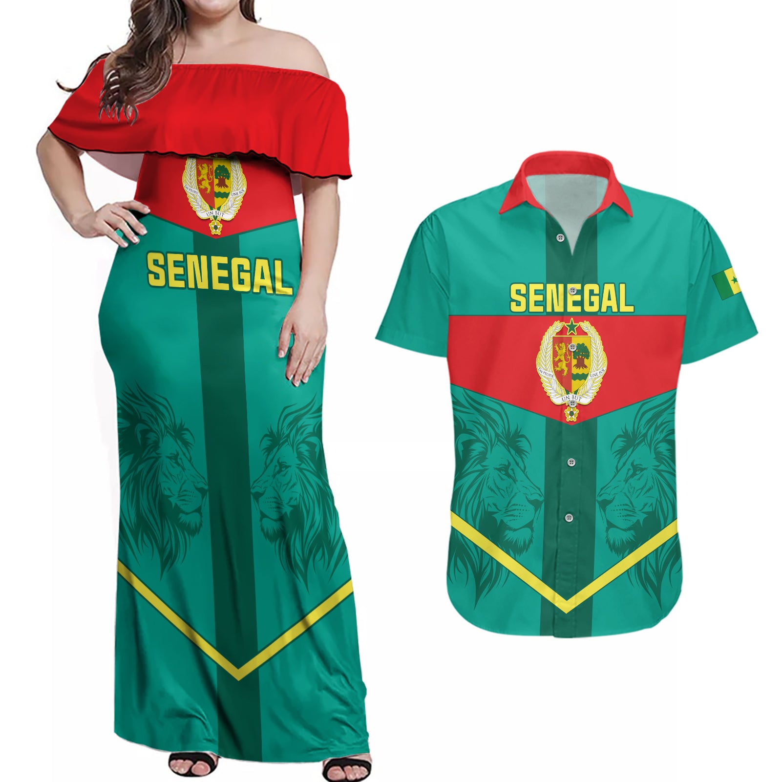 Senegal Football Couples Matching Off Shoulder Maxi Dress and Hawaiian Shirt Go Lions of Teranga - Wonder Print Shop