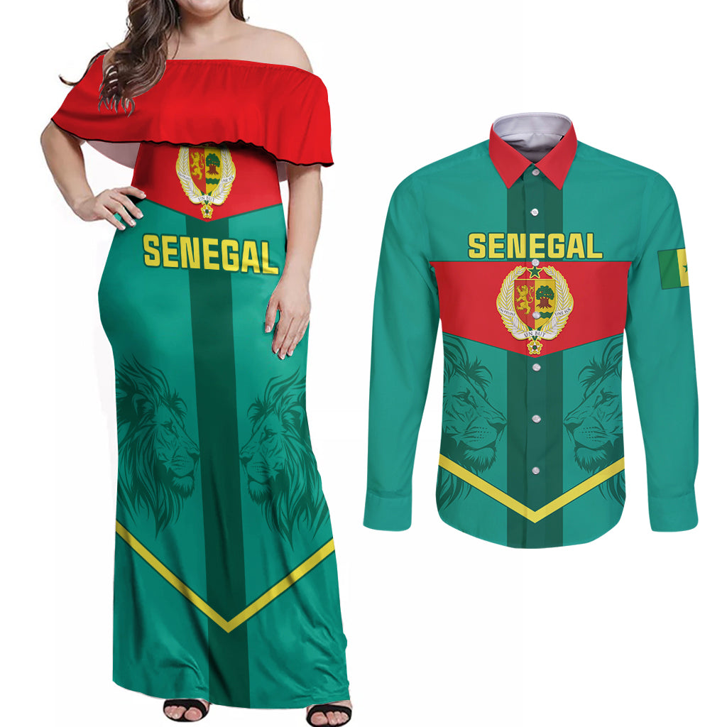 Senegal Football Couples Matching Off Shoulder Maxi Dress and Long Sleeve Button Shirt Go Lions of Teranga - Wonder Print Shop