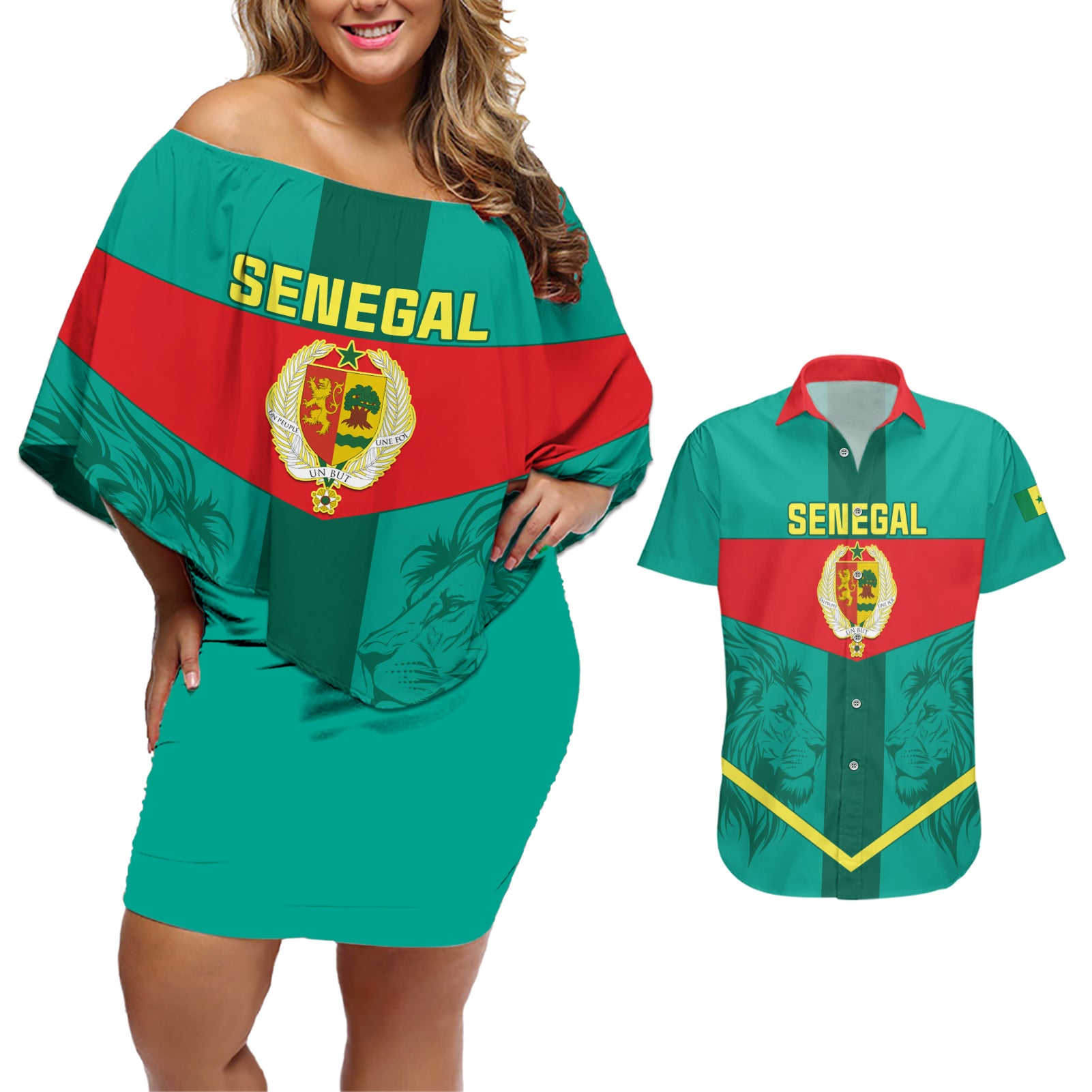 Senegal Football Couples Matching Off Shoulder Short Dress and Hawaiian Shirt Go Lions of Teranga - Wonder Print Shop