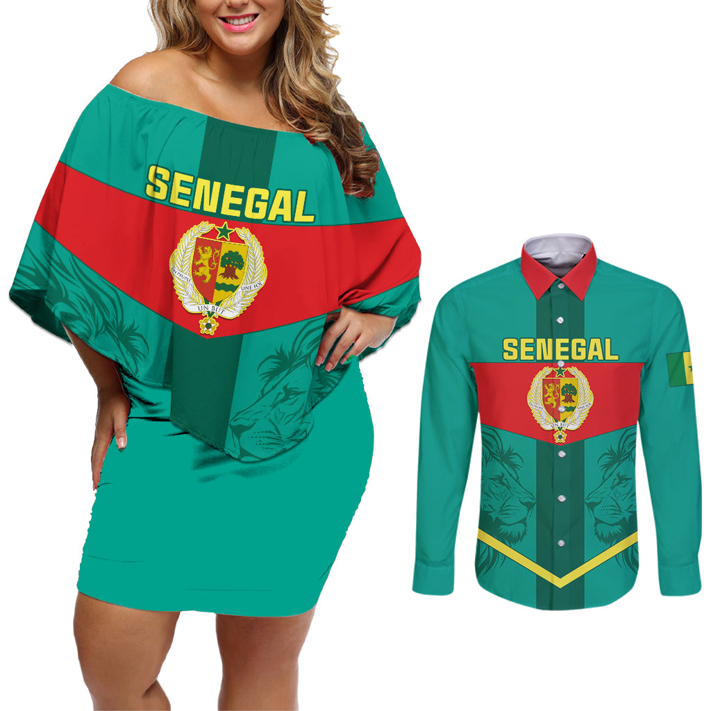 Senegal Football Couples Matching Off Shoulder Short Dress and Long Sleeve Button Shirt Go Lions of Teranga - Wonder Print Shop