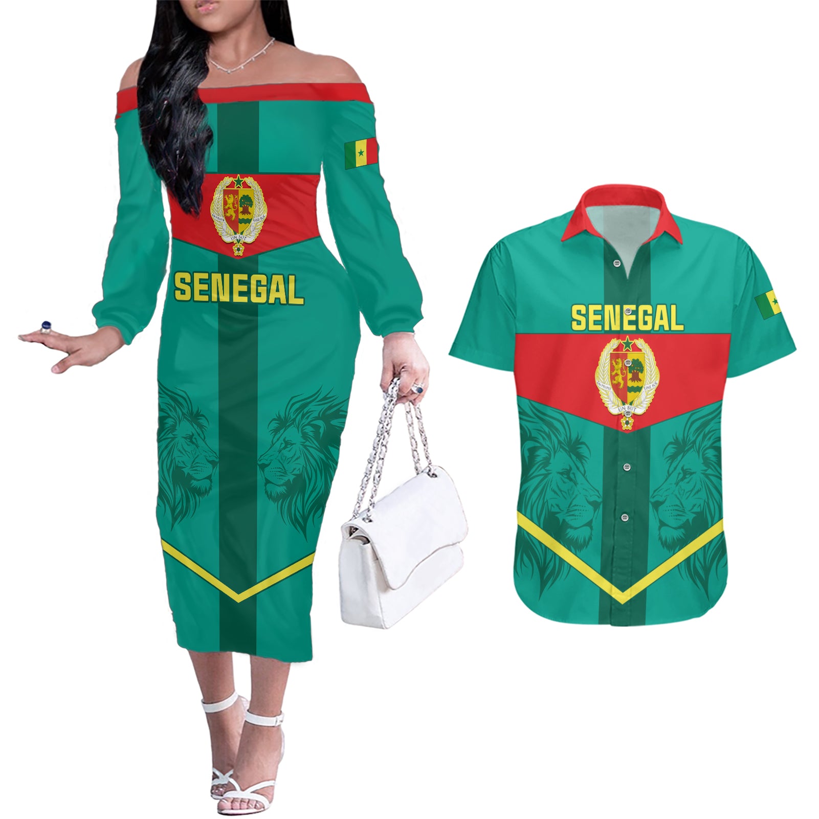 Senegal Football Couples Matching Off The Shoulder Long Sleeve Dress and Hawaiian Shirt Go Lions of Teranga - Wonder Print Shop