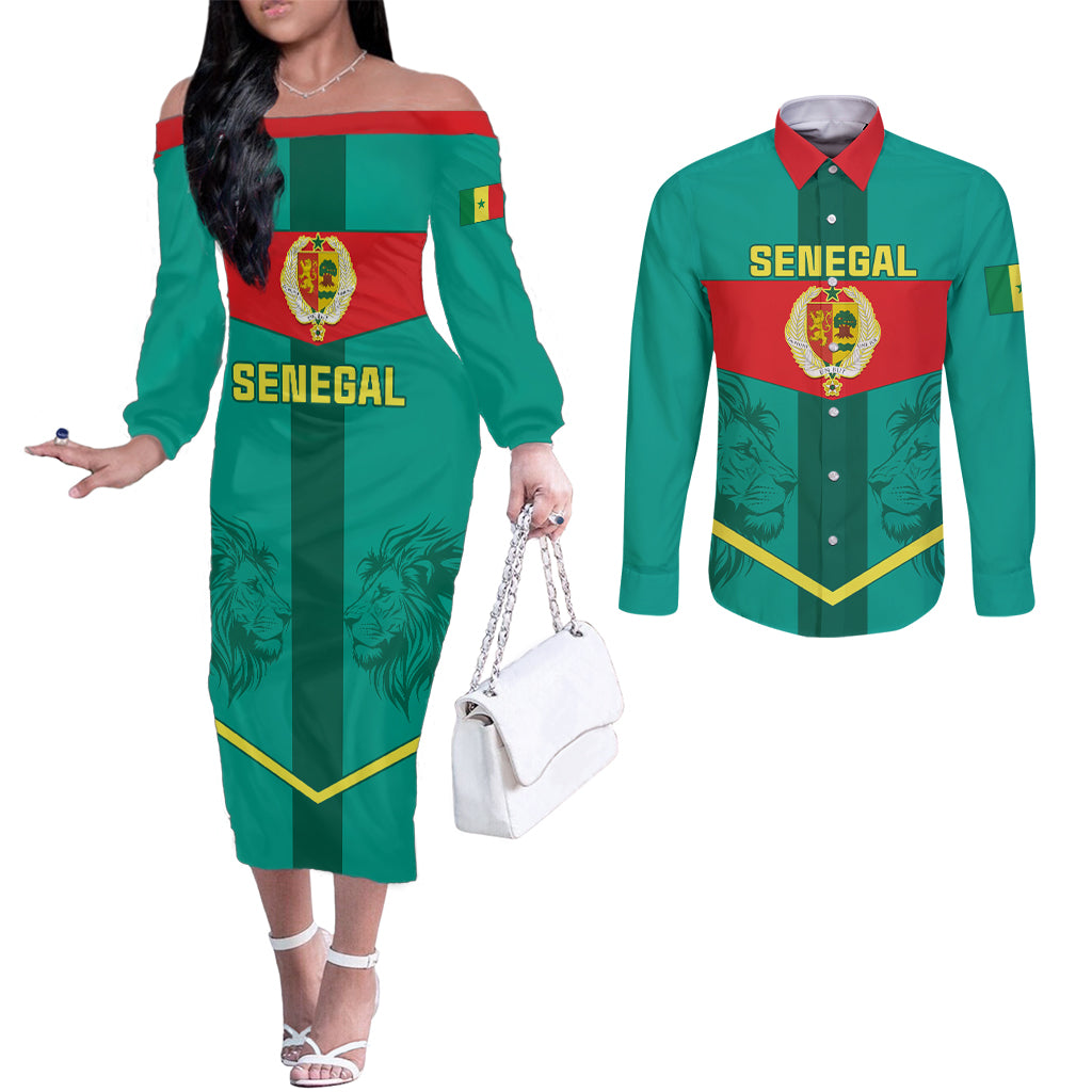 Senegal Football Couples Matching Off The Shoulder Long Sleeve Dress and Long Sleeve Button Shirt Go Lions of Teranga