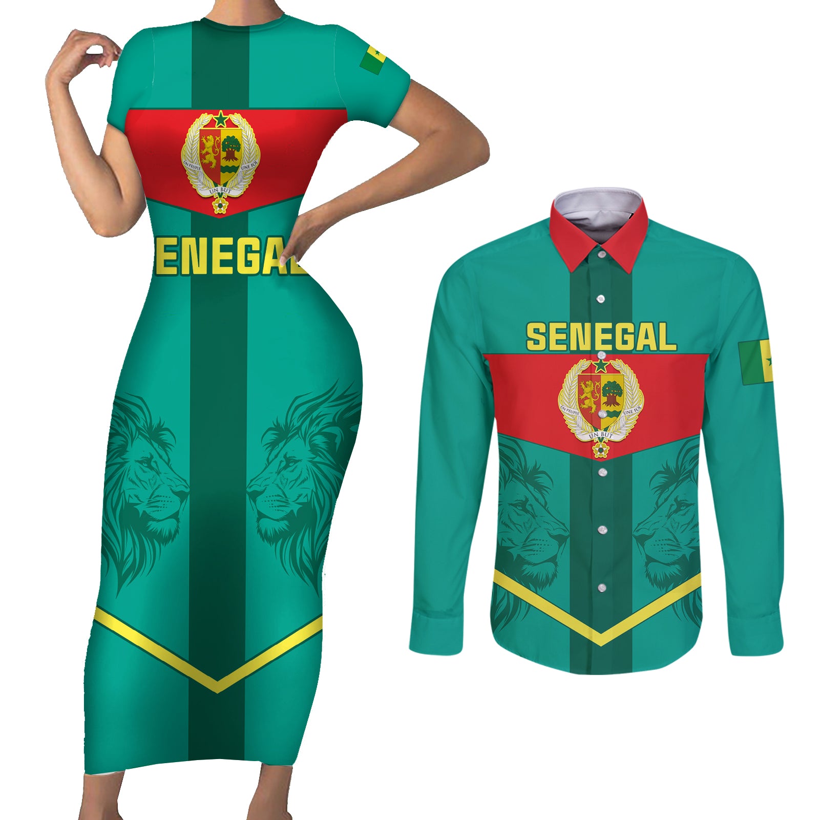 Senegal Football Couples Matching Short Sleeve Bodycon Dress and Long Sleeve Button Shirt Go Lions of Teranga - Wonder Print Shop