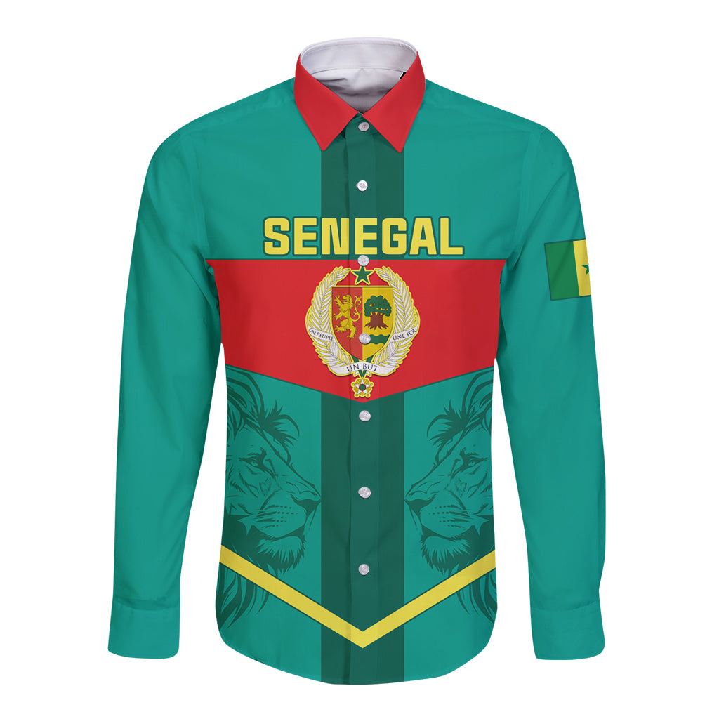 Green long sleeve button shirt with front Senegal text and crest graphic