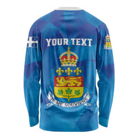 Unisex long sleeve blue shirt with crown crest and Je me souviens graphic