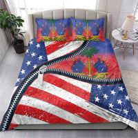 Zipper bedding set on bed with American flag stripes and stars, matching pillowcases