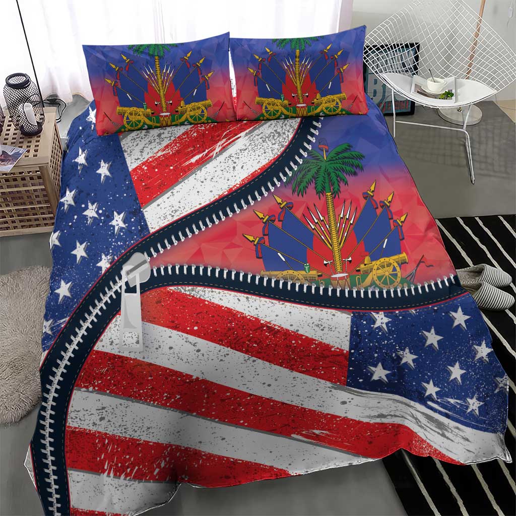 Zipper bedding set with American flag design, zipper-style black-trim stripe, pillowcases