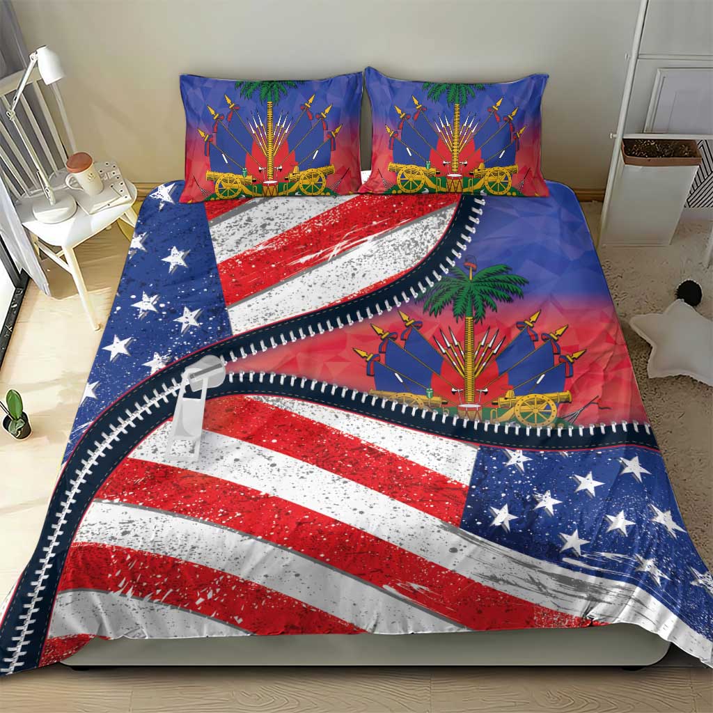 Zipper bedding set with American flag stripes and stars, fireworks details on pillows