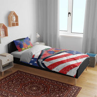 Zipper bedding set on bed with American flag duvet and two matching pillows