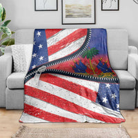 Haiti heritage zipper blanket covering a sofa with stars, stripes, and palm motif