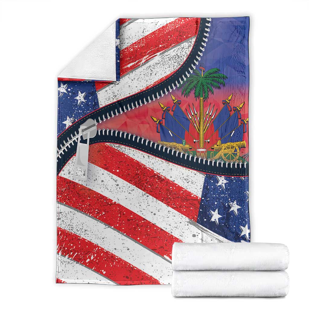 Haiti heritage zipper blanket folded, showing zipper edge and flag stripes with stars
