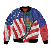 Unisex zip-up bomber jacket with bold stars-and-stripes graphic and palm tree print