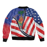 Unisex zip-up bomber jacket, angled view, stars-and-stripes graphic with palm tree