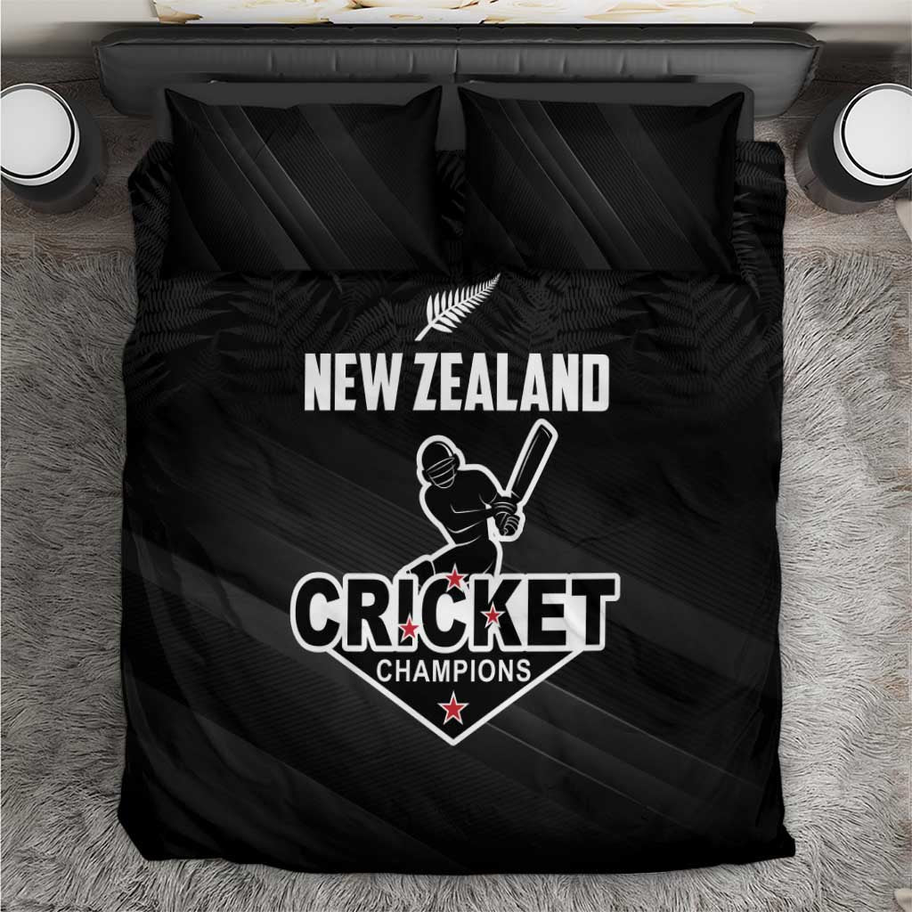 Black cricket-themed bedding set with duvet and two pillows, New Zealand Cricket Champions graphic.