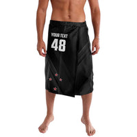 Black custom cricket lavalava with 'YOUR TEXT 48' and red stars
