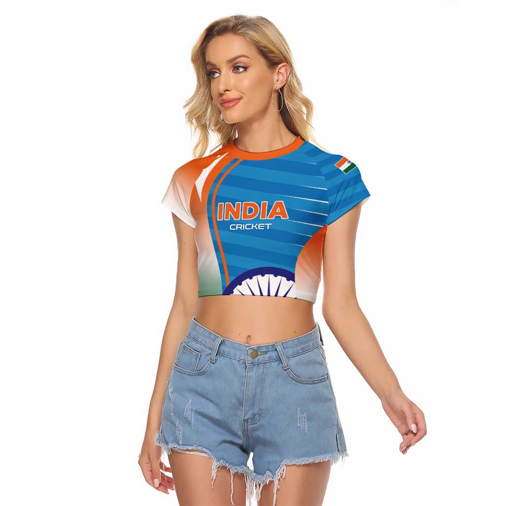 Custom India Cricket Raglan Cropped T Shirt Men in Blue Champions 2025