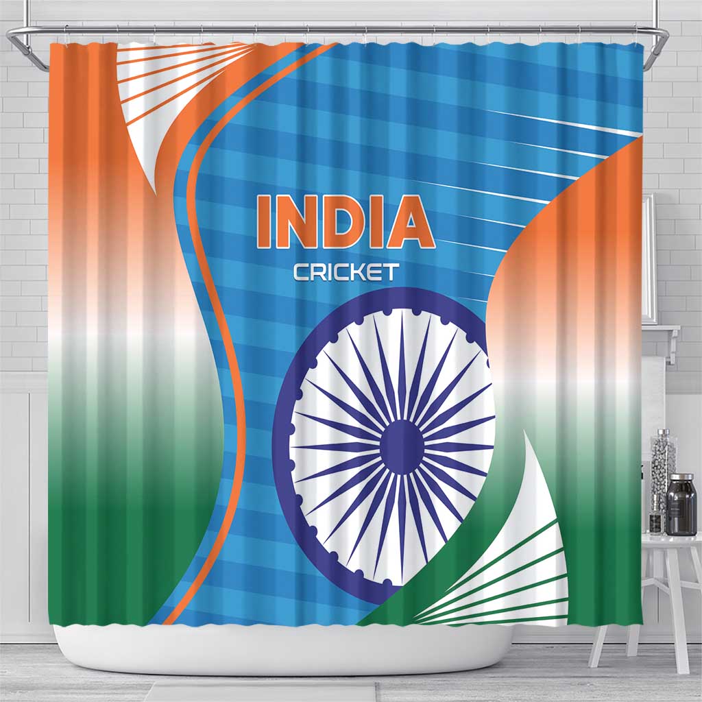 Blue India cricket shower curtain featuring India Cricket logo and tricolor swoosh