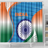 Blue India cricket shower curtain with India Cricket logo and Indian tricolor accents