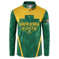 Green cricket button sweatshirt with long sleeves, yellow panels, South Africa Cricket graphic
