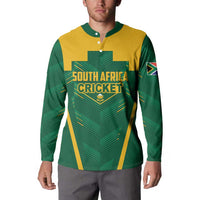 Green cricket button sweatshirt with South Africa Cricket logo, yellow stripe accents