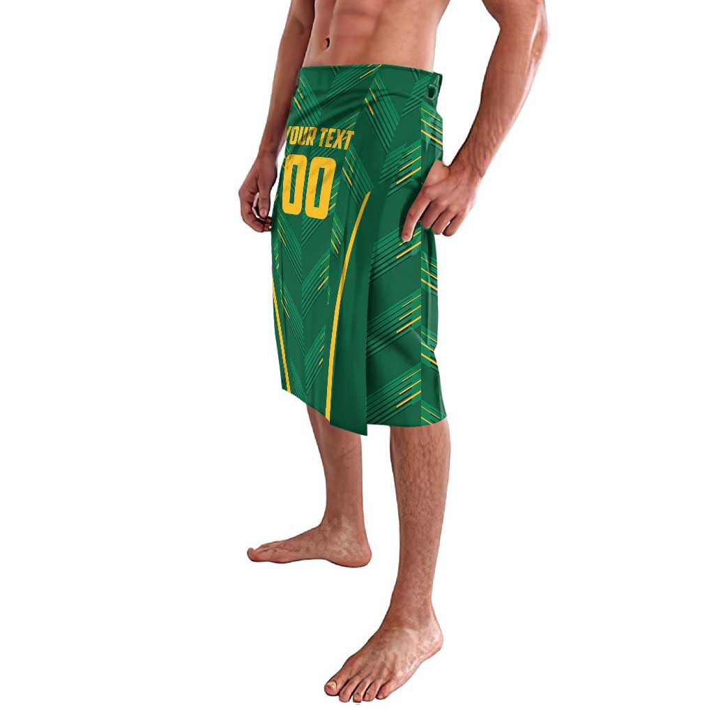 Green custom lavalava skirt with side drape and yellow number print