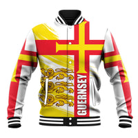 White baseball jacket with Guernsey cross, lions crest, striped sleeves, snap buttons