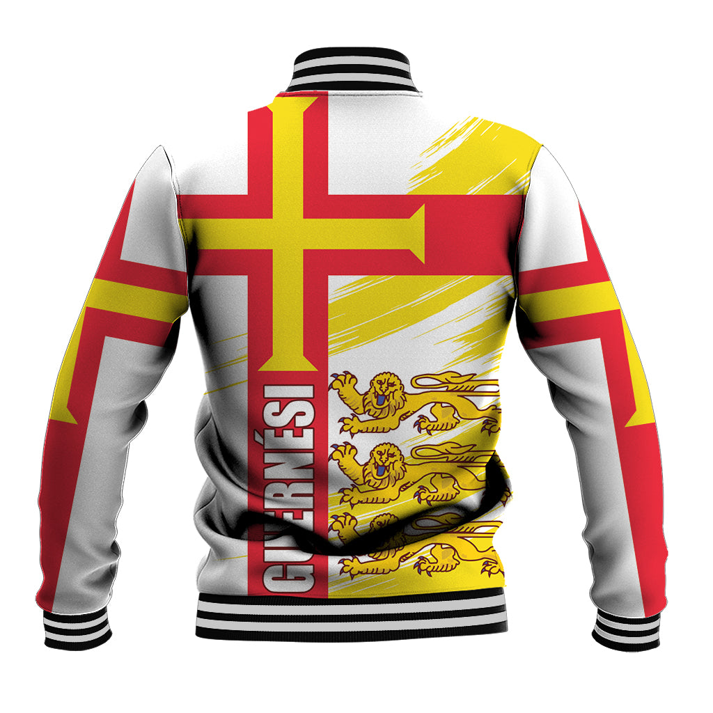 White baseball jacket back with Guernsey cross, lions crest, striped sleeves, GUERNSEY text