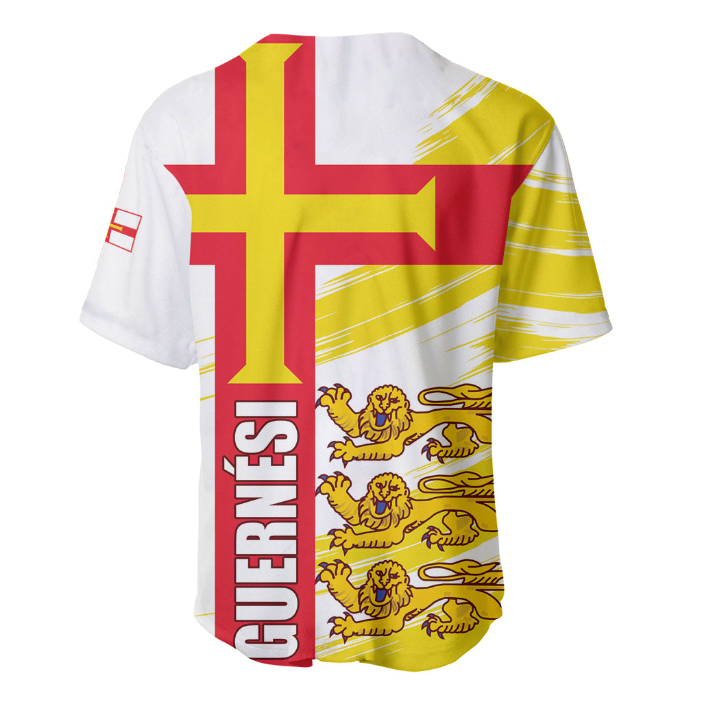 White baseball jersey with large red cross back, yellow stripes, and lion crest