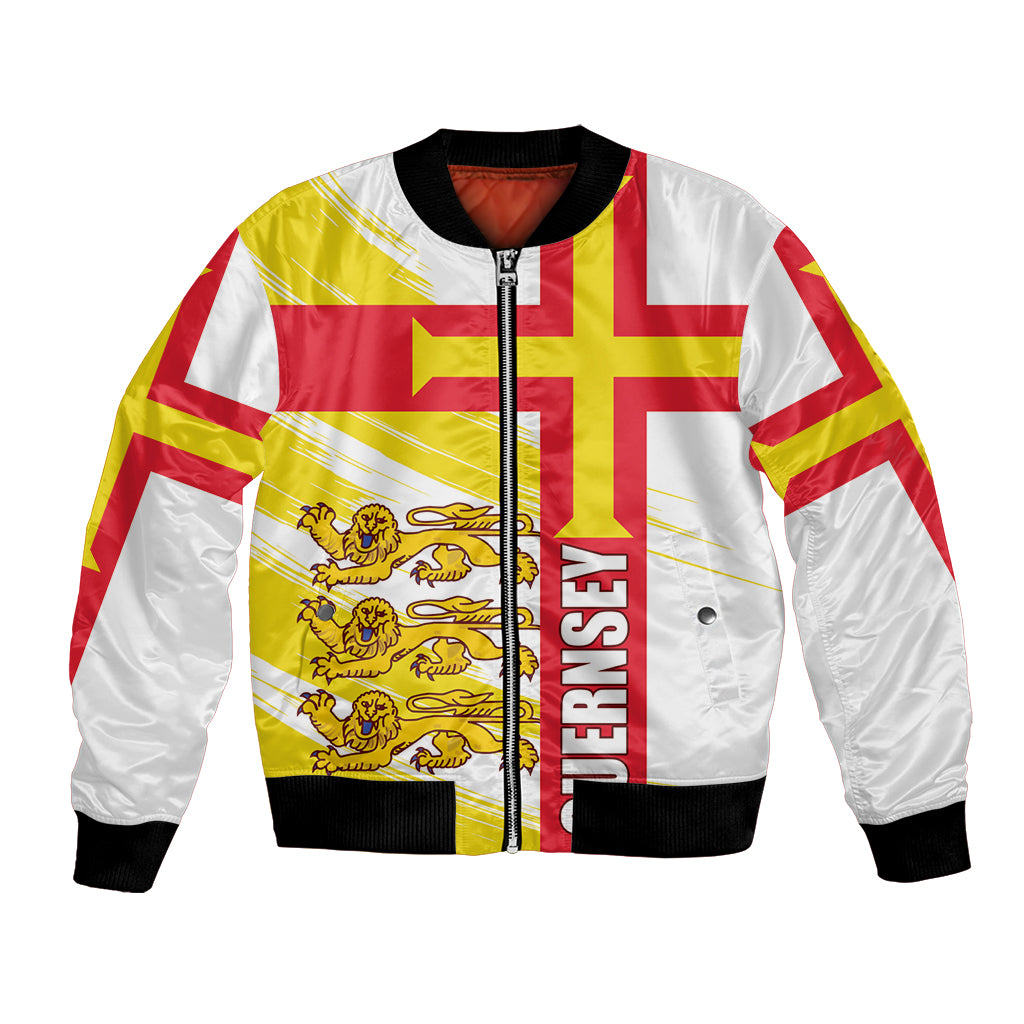 White bomber jacket with zip front, black ribbed cuffs, and colorful flag graphic