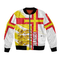 White bomber jacket with zip front, black ribbed cuffs, and colorful flag graphic