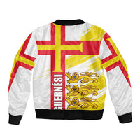White bomber jacket with flag graphic, vertical stripe print, black ribbed hem