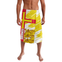 Yellow and white knee-length lavalava shorts with red cross and lion graphic