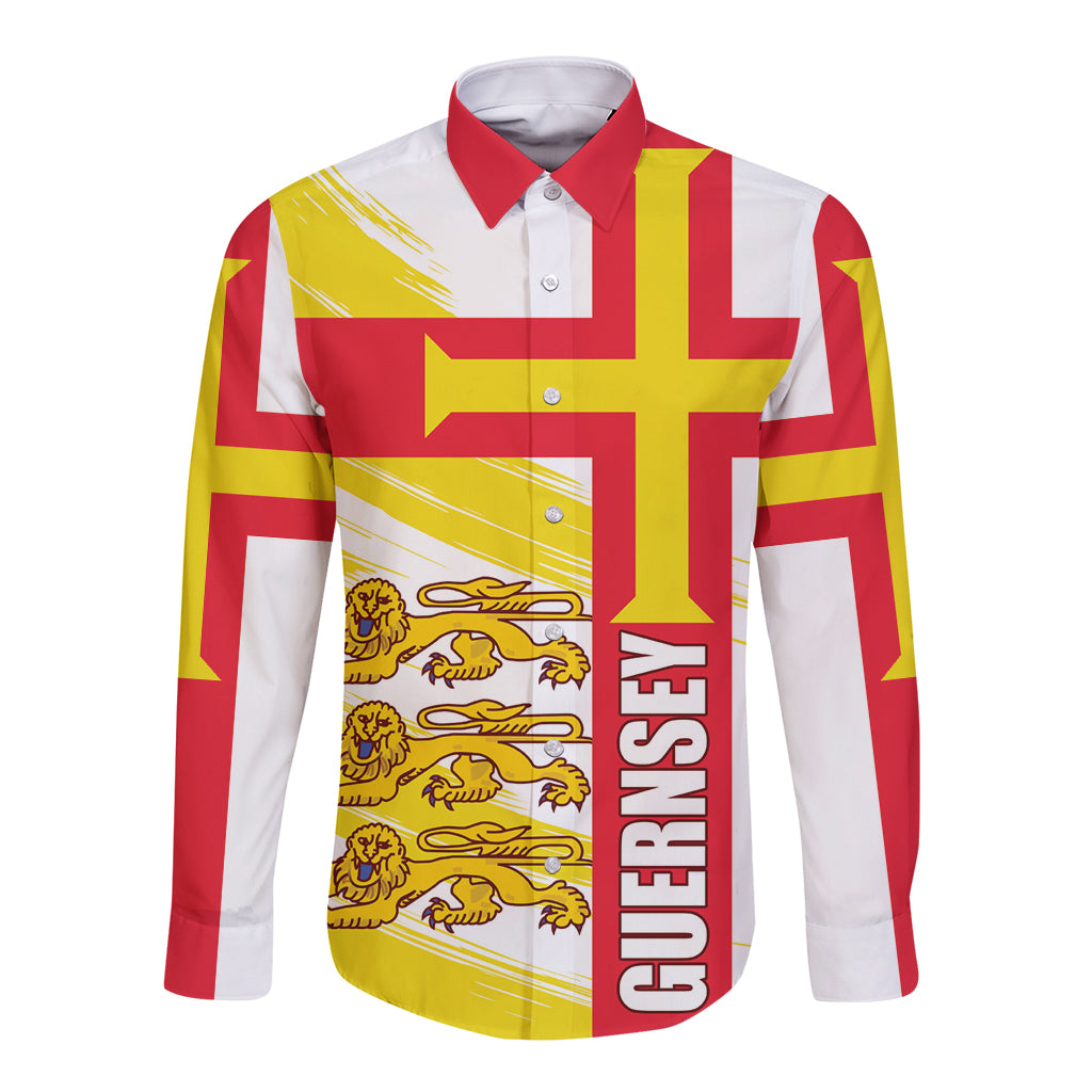 Unisex long-sleeve button shirt in red, yellow, and white with Guernsey crest and lions