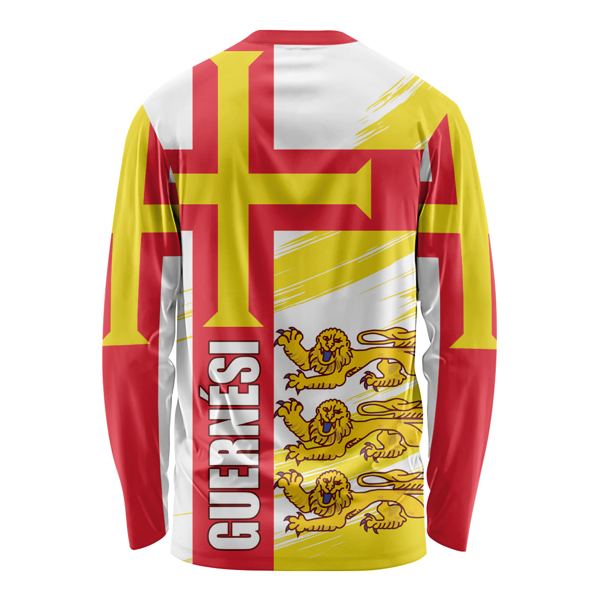 Long-sleeve shirt with Guernsey flag graphic, red cross, yellow accents, back text