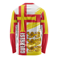Long-sleeve shirt with Guernsey flag graphic, red cross, yellow accents, back text