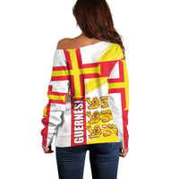 Women’s off-shoulder sweater, back view with Guernsey flag print and long sleeves