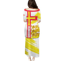 White graphic long dress, short sleeves, back view with Guernsey flag and lion print