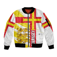 White bomber jacket with zip front, bold flag print, ribbed collar and cuffs