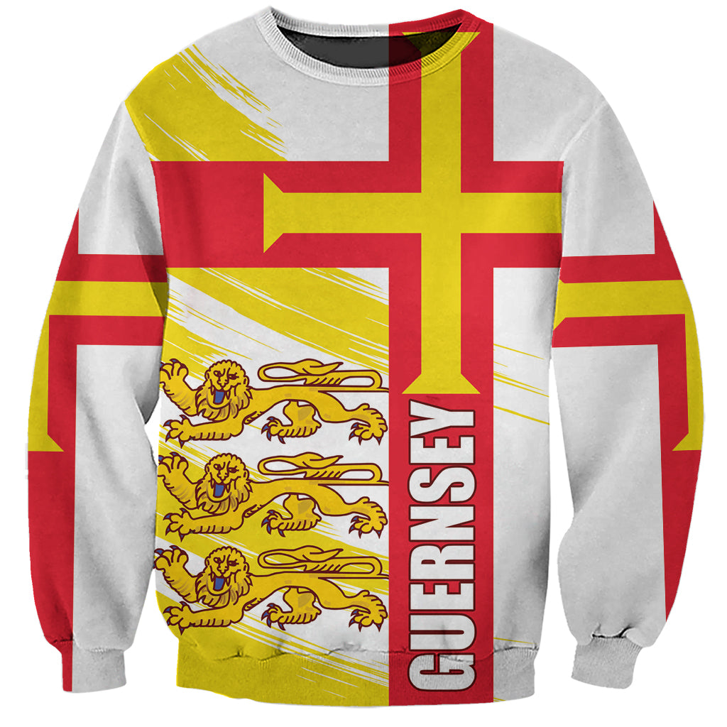 Light gray unisex crewneck sweatshirt with red cross and yellow lion Guernsey graphic