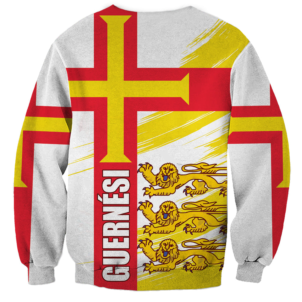 Light gray unisex crewneck sweatshirt with large red cross, yellow lion pattern and vertical text